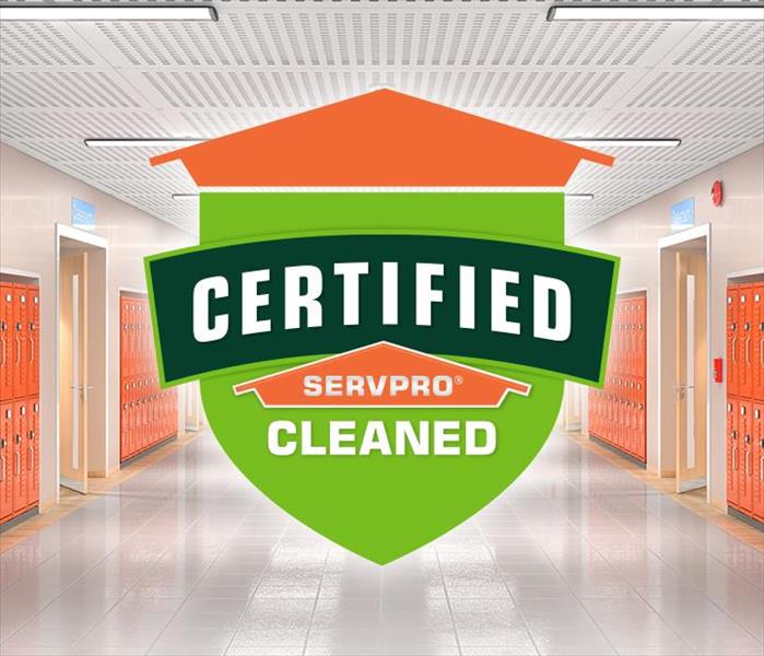 Image of school hallways with Certified: SERVPRO Cleaned logo. 